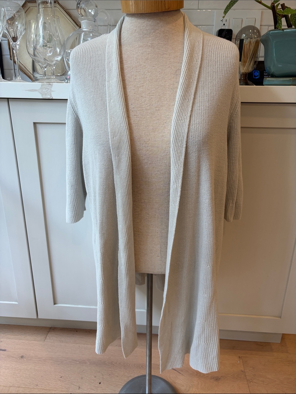 Eileen Fisher Light Gray Open-Front Short Sleeve Cardigan in cotton silk blend